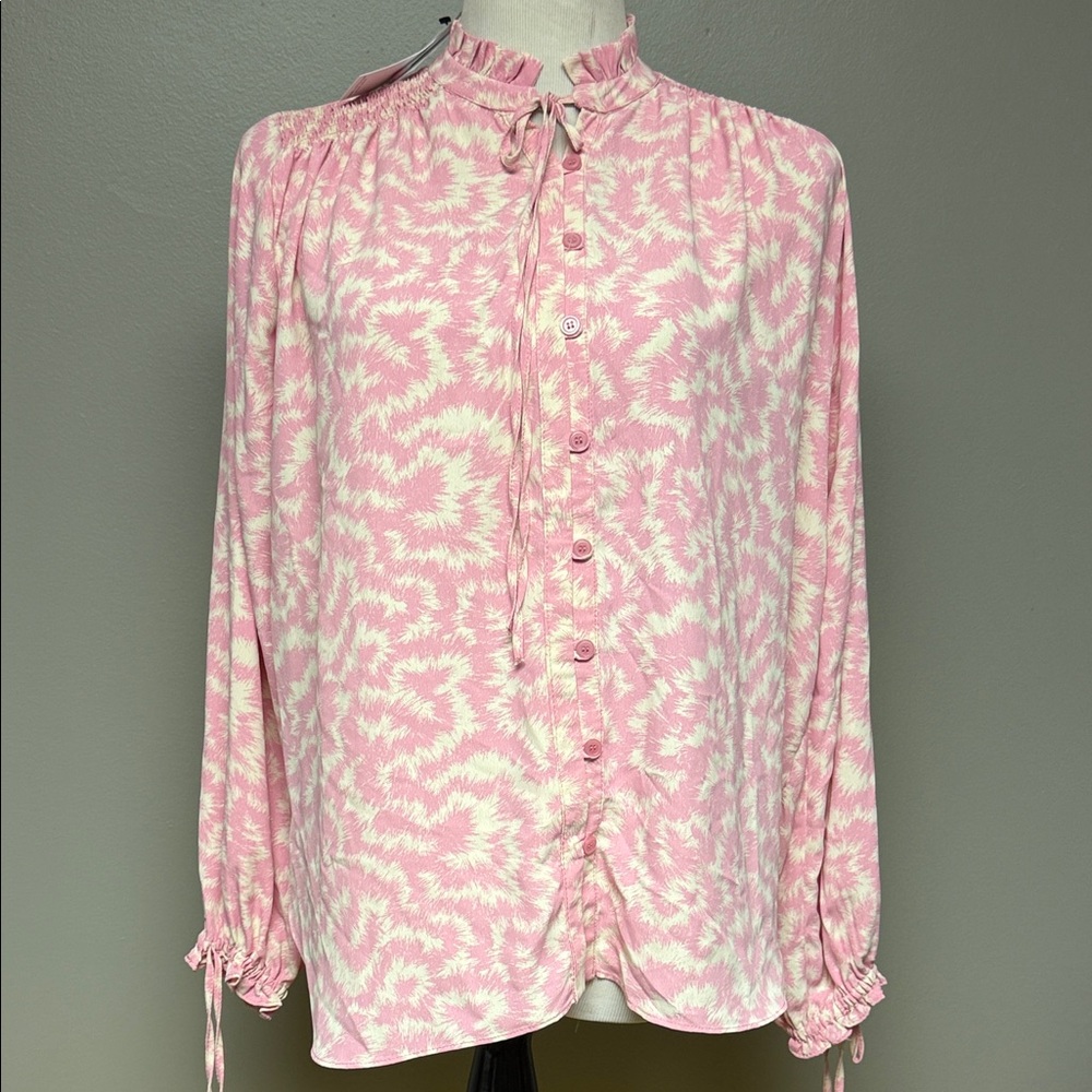 Topshop Pink Printed Tie-Neck Blouse | NWT | US 4